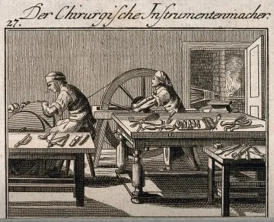 Surgical instrument-makers producing items in their workshop