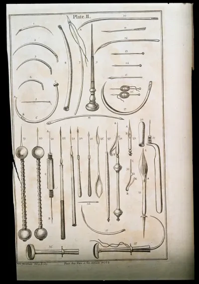 Surgical instruments: 37 figures, including needles of various shapes and sizes