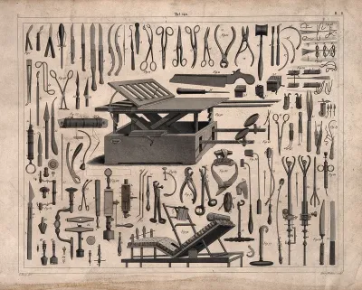 Surgical instruments: 91 figures, including an operating table and an adjustable bed