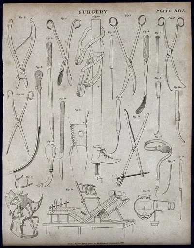Surgical instruments and appliances, including a bed with reading stand; 24 figures