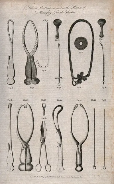 Surgical instruments for use in midwifery: 17 figures