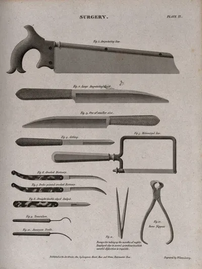 Surgical instruments, including an amputating saw, an amputating knife, scalpels and bone nippers