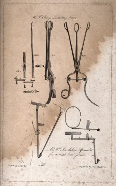 Surgical instruments, including lithotomy forceps and Mr