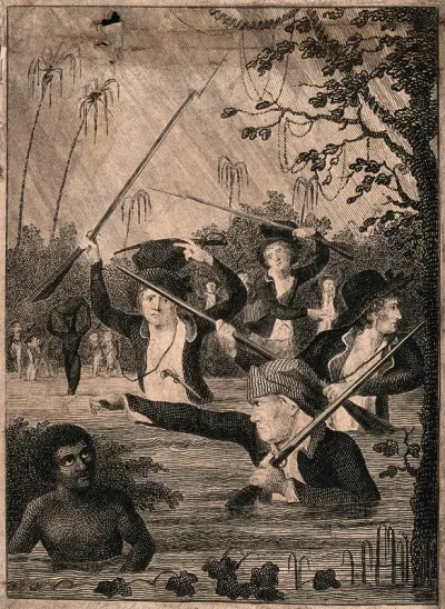 Surinam: white men with rifles are holding them high as they make their way through a swamp after a black man