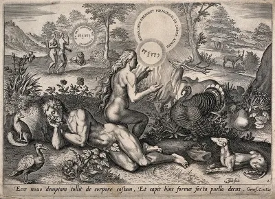 Surrounded by animals in the Garden of Eden, Eve ascends from Adam's side