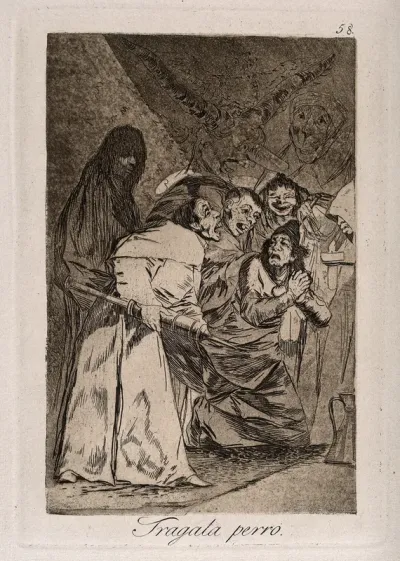 Surrounded by ghoulish apparitions, a manic priest carries an enema towards a wretchedly praying man