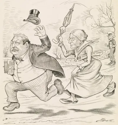 Susan B. Anthony chasing Grover Cleveland