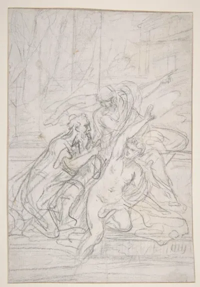 Susanna and the Elders (recto); Architectural design and other scribbles (verso)