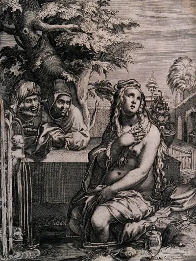 Susanna bathing at the edge of a pool while two men are watching her from over a wall