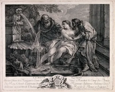 Susanna is bathing by a pool and is being pestered by two older men