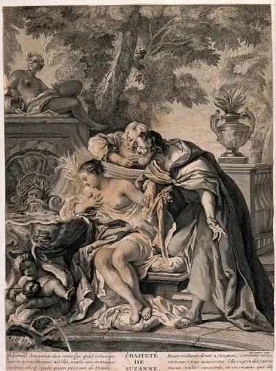 Susanna is resting near to a fountain and two men are watching and leaning over her