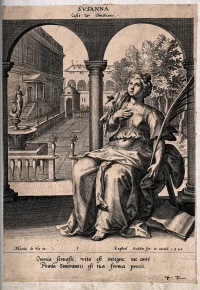 Susanna sits with one hand on her breast while the other holds a palm, an open book lies on the floor