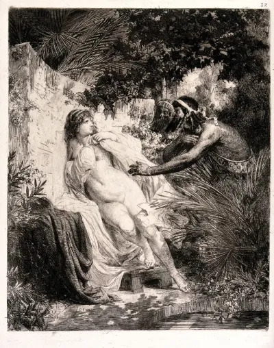 Susanna standing by a wall near a pool and being approached by two men