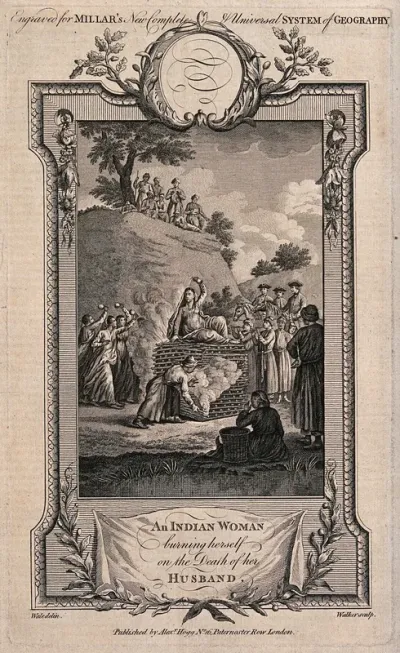 Suttee. Engraving by Walker, 1785, after S. Wale