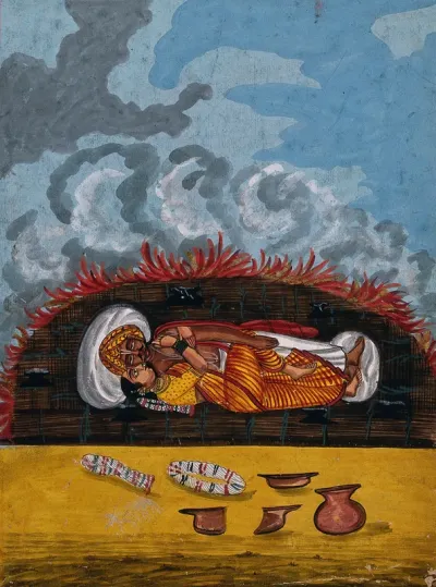 Suttee. Gouache painting by a painter of Thanjavur (Tanjore), ca. 1800