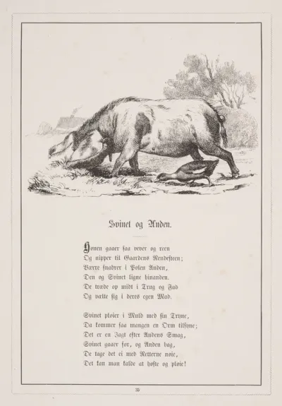 Svinet og Anden. Illustration til H.V. Kaalund, "Fabler for Børn"