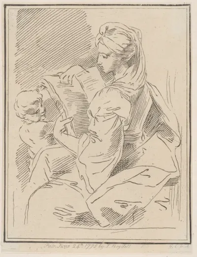 Sybil (?) holding a book with a child at left