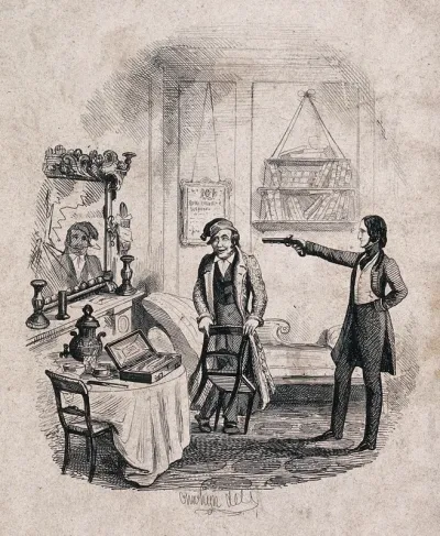 Sylvester Sound aiming a pistol at a broken mirror
