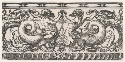 Symmetric Ornamental Frieze with Two Fighting Hybridic Creatures (Half Satyr, Half Dragon) holding Fish