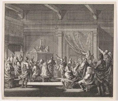 Synagoge waar een rabijn een wetrol voorleest