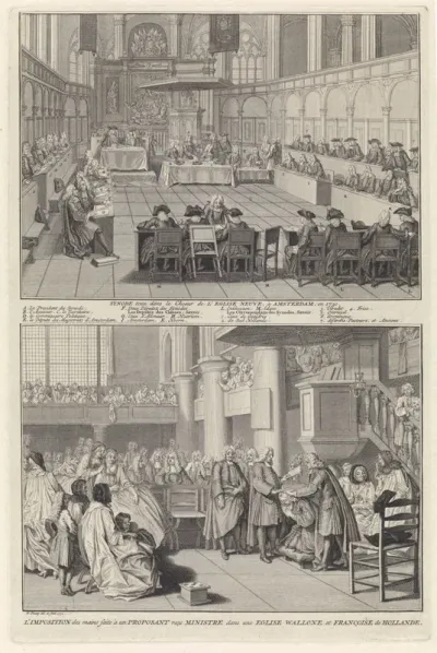 Synode gehouden in de Nieuwe Kerk te Amsterdam, 1730 / Bevestiging van een nieuwe predikant in een Waalse Kerk in Holland