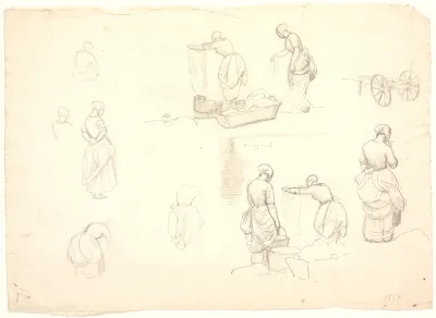 Syv detailstudier samt to studier til maleriet: "Vaskekoner ved Bondedammen i Hellebæk". 3. august 1838
