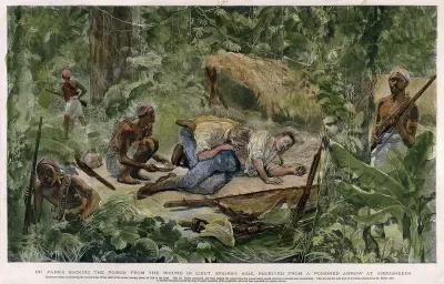 T.H. Parke sucking the poison from William Stairs' wound, inflicted by a poisoned arrow at Abousheeba. Colour etching, ca. 1888