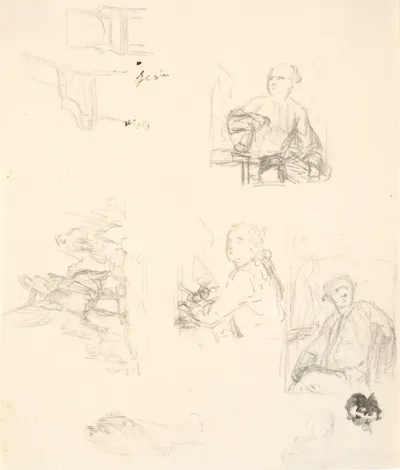 T.h. skitser til maleriet af Andreas Weidenhaupt, Kunstakademiet?. T.v. skitse af ryttere og to stole