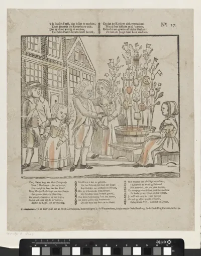 't is Paasch-feest, dat is ligt te merken, / Daar Jannetje de koopvrouw zeit (...)