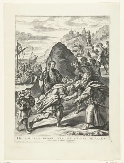 Tabula V. Aeneas in Italia ab Euandro hospitio exceptus