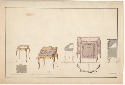 Tafel, bureau en lage wandkast
