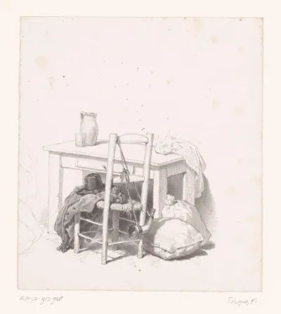 Tafel en stoel met voorwerpen van een jager