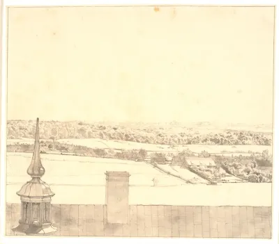 Tagryggen af Frederiksborg med udsigt over sø, by og skov