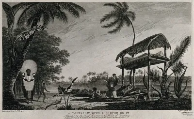 Tahiti: a funerary monument (toupapow) with a corpse on it, encountered by Cook on his second voyage, 1772-1775