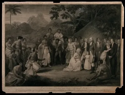 Tahitians kneeling before Captain James Wilson after the cession of the district of Matavai in Tahiti