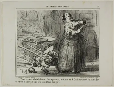 - Taken by her operetta part, Madame de St. Chalumeau is shouting so loud that she does not notice the bellowing of her child, plate 13 from Les Comédiens De Société