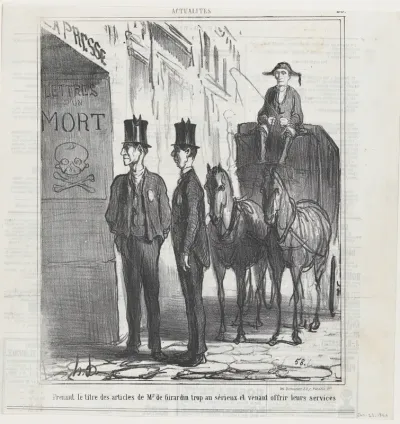 Taking the headlines of Monsieur de Girardin too seriously and coming to offer their services, from 'News of the day,' published in Le Charivari, January 23, 1866
