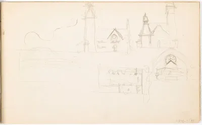 Tampereen tuomiokirkon (Johanneksen kirkko) julkisivupiirustus (2), pohjapiirustus, leikkauspiirustus