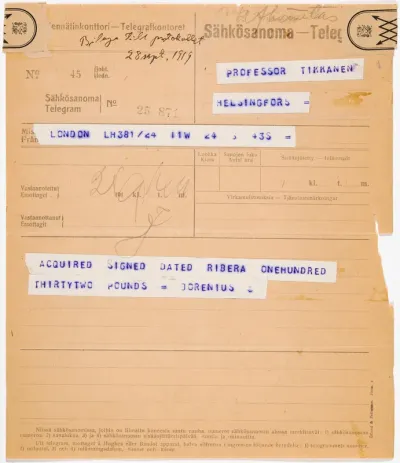Tancred Boreniuksen sähkösanoma J. J. Tikkaselle 28.9.1919