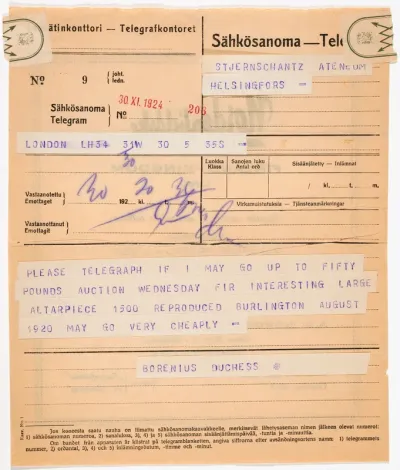Tancred Boreniuksen sähkösanoma Torsten Stjernschantzille 30.11.1924
