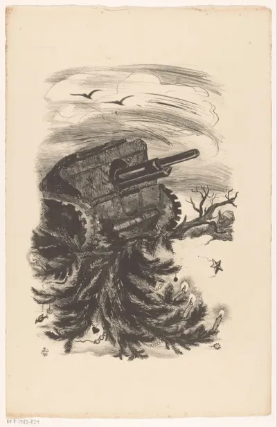 Tank die een kerstboom overrijdt