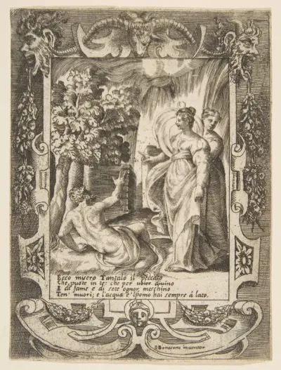 Tantalus at left speaking to Diana at right, set within an elaborate frame, from "Loves, Rages and Jealousies of Juno"