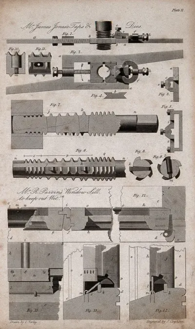 Taps and dies for cutting screw threads, and a water-tight window: cross-sections, and details