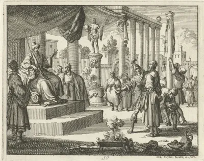 Taracus tijdens zijn verhoor met een steen op de mond geslagen