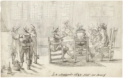 Taveerne met mannen zingend rond een tafel