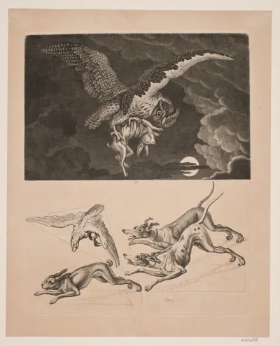Tavle med Ugle flyvende med hare, derunder; hunde, hare og jagtfalk