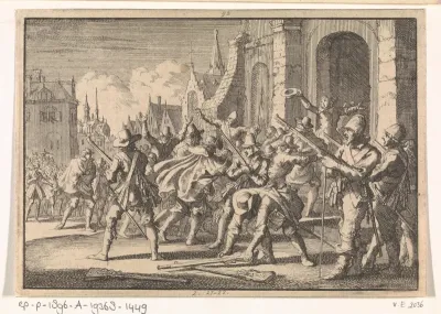 Te Bremen dringen Luthersen tegen het verbod van de raad de Dom binnen terwijl de wacht de wapens neerlegt, 1638
