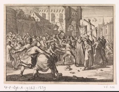 Te Danzig wordt een processie met steenworpen door het volk begroet, 1678
