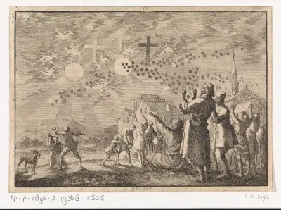 Te Mittel-Visach in Zwaben staan mensen naar de zon, een tweede lichtbol, drie kruisen en andere voorwerpen in de lucht te kijken, 1667