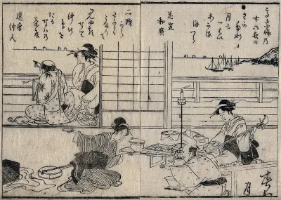 Tea-house scene: a man on a balcony points towards China